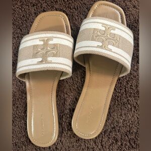Tory Burch Beige and White Canvas Logo Slide Sandals